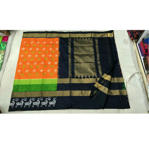 Pochampally Ikkat Silk Orange Color Saree With Multi Color Border