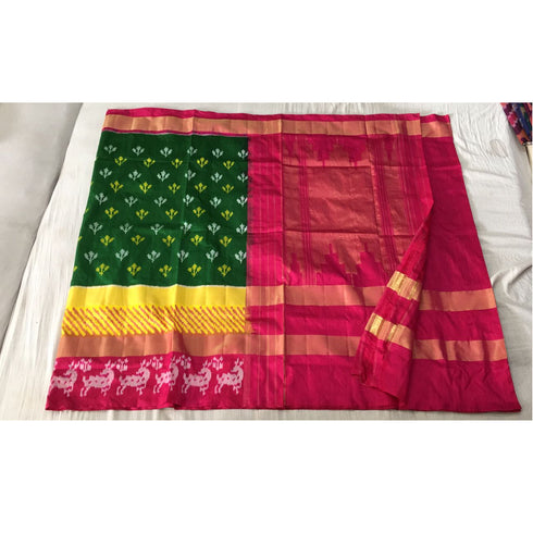 Pochampally Ikkat Silk Dark Green Color Saree With Pink Color Border