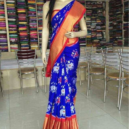 Pochampally Ikkat Silk Blue Color Saree With Red Color Border