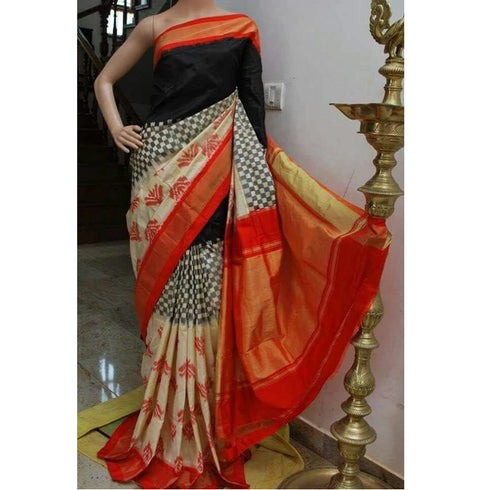 Pochampally Ikkat Silk Black, and Cream Color Saree With Orange Color Border