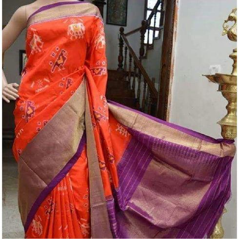 Pochampally Ikkat Silk Orange Color Saree With Purple Color Border