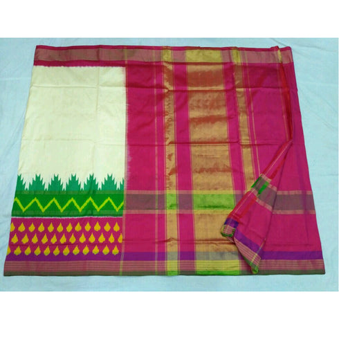 Pochampally Ikkat Silk Cream Color Saree With Multi Color Border
