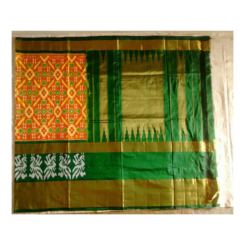 Pochampally Ikkat Silk Orange Color Saree With Green Color Border