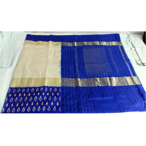 Pochampally Ikkat Silk Cream Color Saree With Dark Blue Color Border
