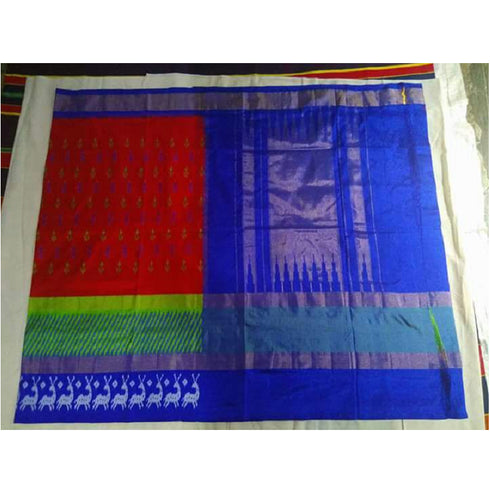 Pochampally Ikkat Silk Orange Color Saree With Blue Color Border T2