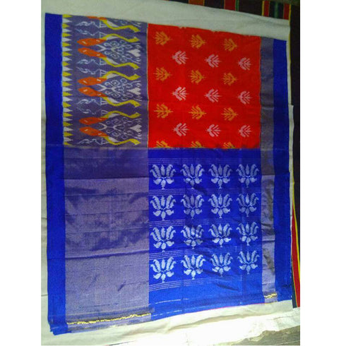 Pochampally Ikkat Silk Orange Color Saree With Blue Color Border