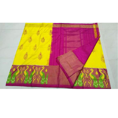 Pochampally Ikkat Silk Yellow Color Sareeand Pink Color Border
