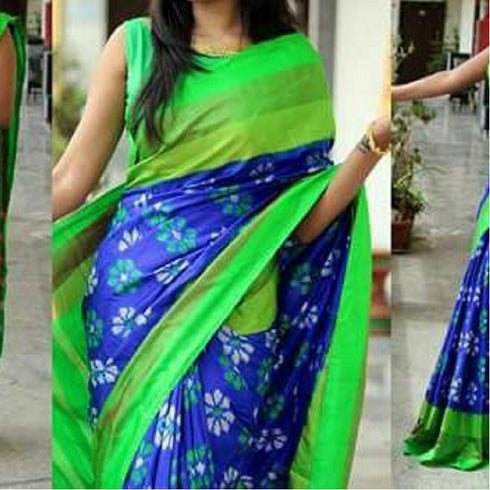 Pochampally Ikkat Silk Blue Color Saree With Parrot Green Color Border
