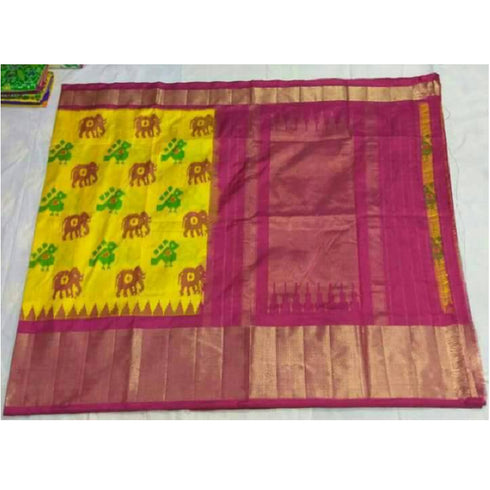 Pochampally Ikkat Silk Yellow Color Saree With Rani Pink Color Border