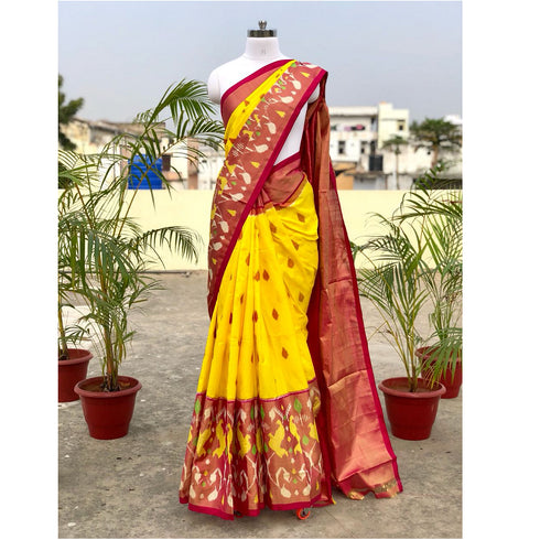 Pochampally Ikkat Silk Yellow Color Saree With Maroon Color Border