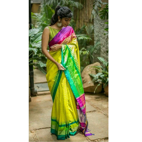Pochampally Ikkat Silk Lemon Yellow Color Saree With Green And Pink Color Border
