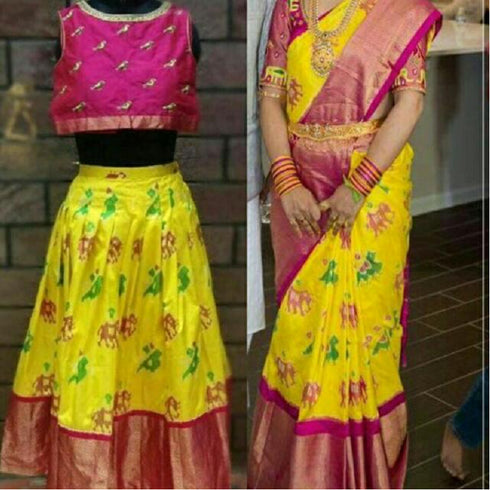 Pochampally Ikkat Silk Yellow With Pink Color Border Saree