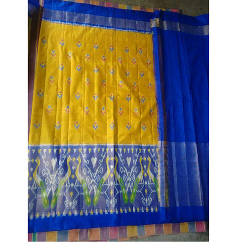 Pochampally Ikkat Silk Yellow Color Saree With Dark Blue Color Border