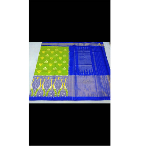 Pochampally Ikkat Silk Parrot Green Color Saree With Pink Color Border