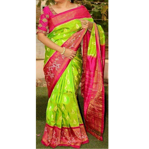 Pochampally Ikkat Silk Parrot Green Color Saree With Blue Color Border