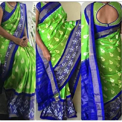 Pochampally Ikkat Silk Blue With Pink Border Saree