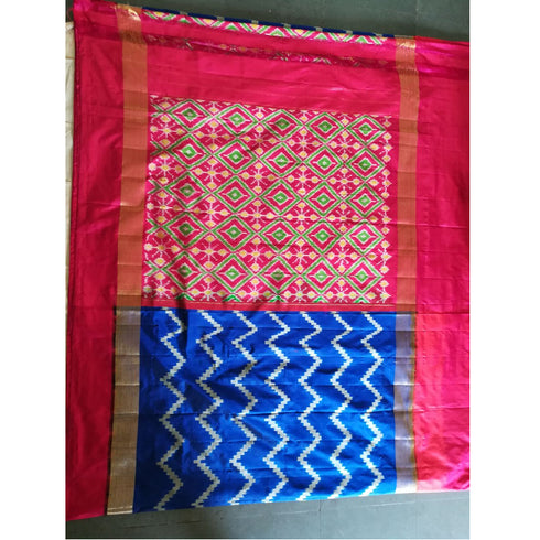 Pochampally Ikkat Silk Blue Color Saree With Pink Color Border