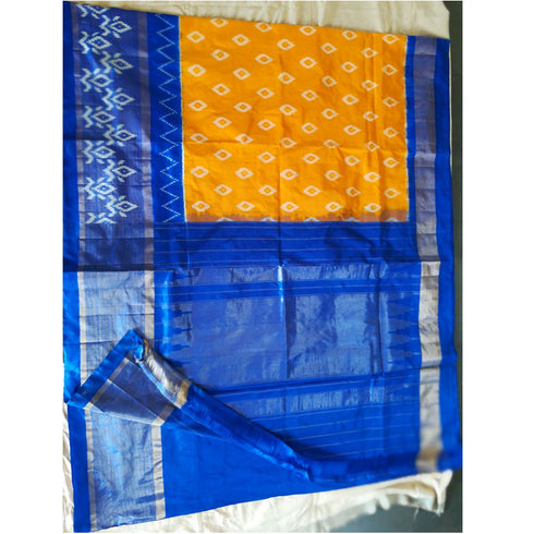 Pochampally Ikkat Silk Yellow Color Saree With Blue Color Border