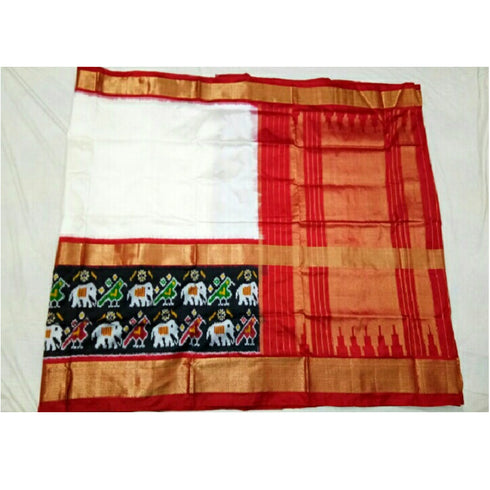 Pochampally Ikkat Silk Cream Color Saree With Pink Color Border