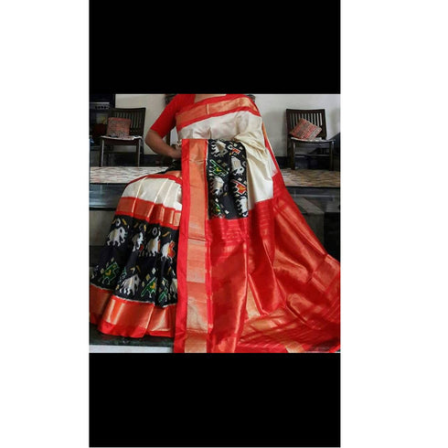 Pochampally Ikkat Silk Cream Color Saree With Pink Color Border
