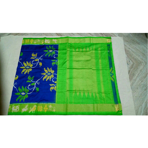 Pochampally Ikkat Silk Blue Color Saree With Parrot Green Color Border