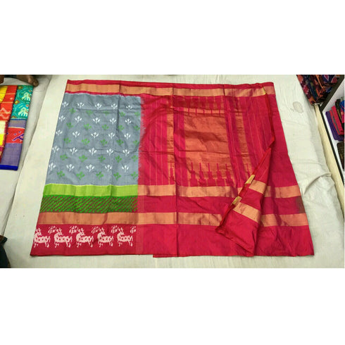 Pochampally Ikkat Silk Ash Color Saree With Red Color Border