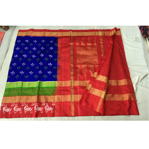 Pochampally Ikkat Silk Blue Color Saree With Orange Border