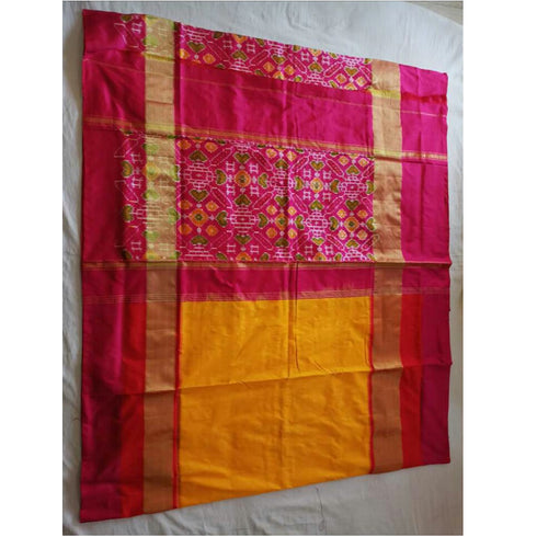 Pochampally Ikkat Silk Yellow Saree With Pink Border