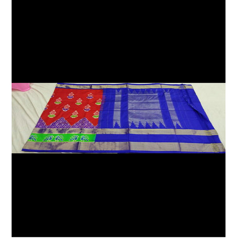 Pochampally Ikkat Silk Red Color Saree With Blue Color Border