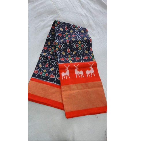 Pochampally Ikkat Silk Black Color Saree With Orange Border
