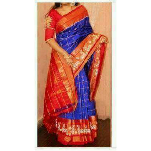 Pochampally Ikkat Silk Blue Saree With Orange Border
