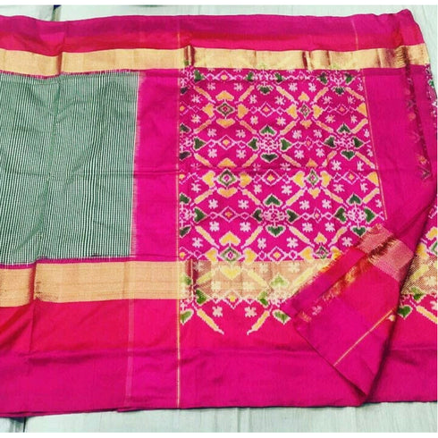 Pochampally Ikkat Silk Ash Color Saree With Pink Color Border