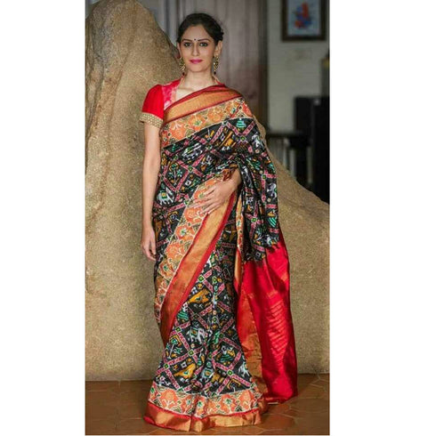 Pochampally Ikkat Silk Black With Red Color Saree With Color Border