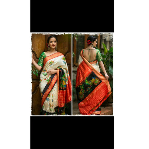 Pochampally Ikkat Silk Cream Color Saree With Peacock Design