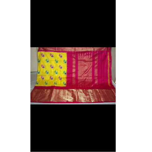 Pochampally Ikkat Silk Yellow Color Saree With Pink Color Border