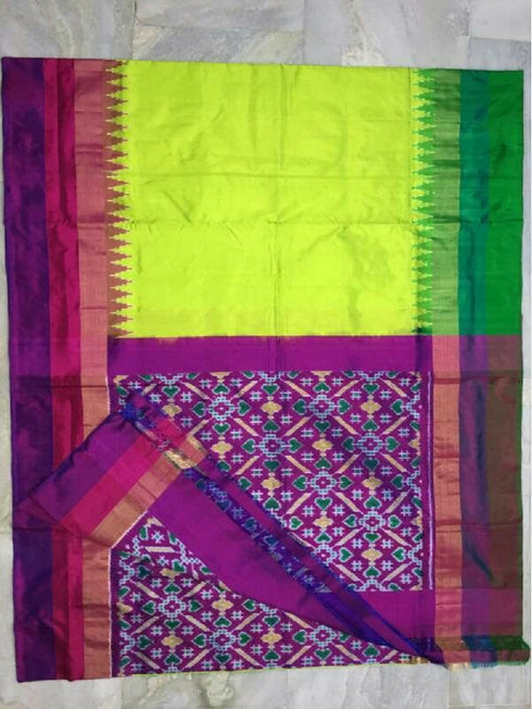 Pochampally Ikkat Silk Parrot Green Color Saree With Purple Color Border