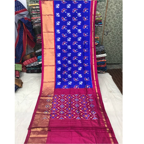 Pochampally Ikkat Silk Blue Color Saree With Pink Color Border T2