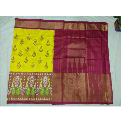 Pochampally Ikkat Silk Yellow Color Saree With Rani Pink Color Border T1