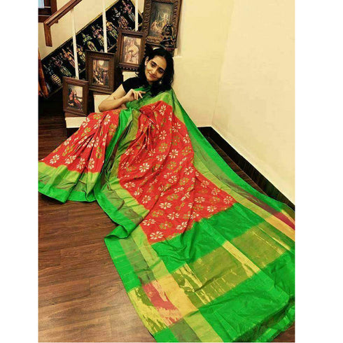 Pochampally Ikkat Silk Orange Color Saree With Parrot Green Color Border