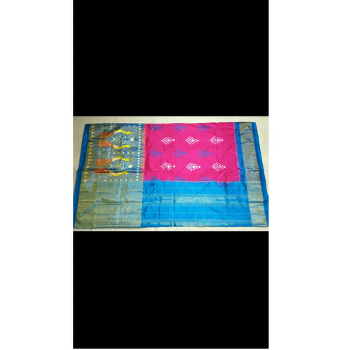Pochampally Ikkat Silk Pink Color Saree With Sky Blue Border