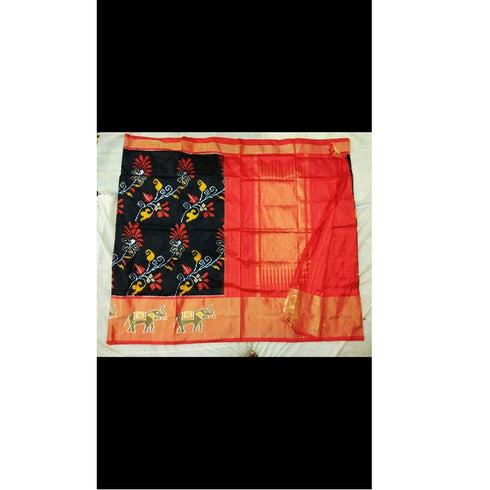 Pochampally Ikkat Silk Black Color Saree With Orange Color Border