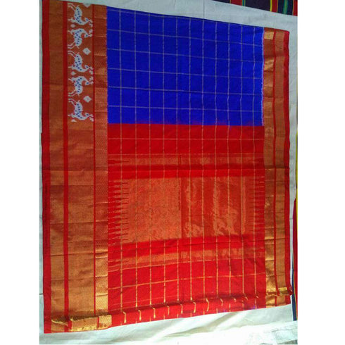 Pochampally Ikkat Silk Blue Color Saree With Red Color Border T1