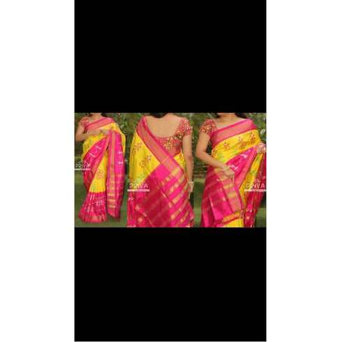 Pochampally Ikkat Silk Yellow Color Saree With Pink Color Border