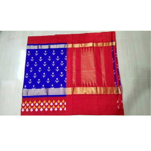 Pochampally Ikkat Silk Blue Color Saree With Red Color Border T2