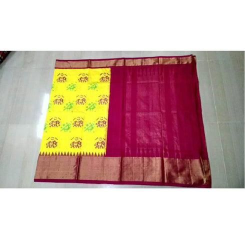 Pochampally Ikkat Silk Yellow Color Saree With Rani Pink Color Border
