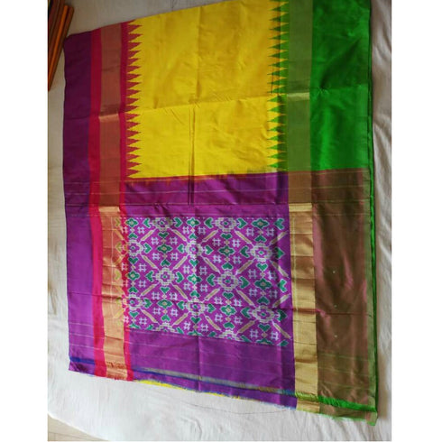 Pochampally Ikkat Silk Yellow Color Saree With Multi Color Border
