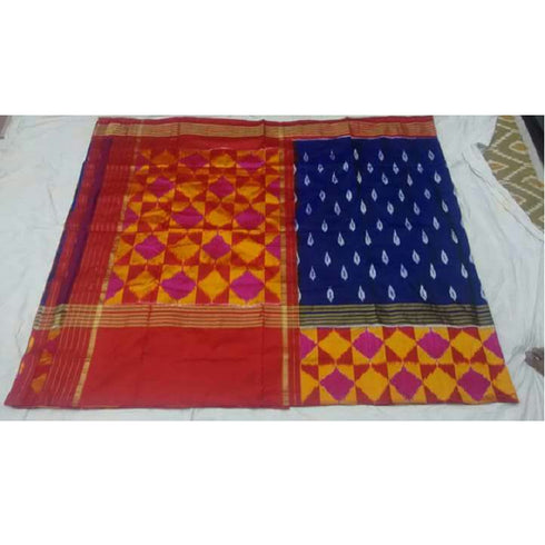 Pochampally Ikkat Silk Navy Blue Color Saree With Red Color Border