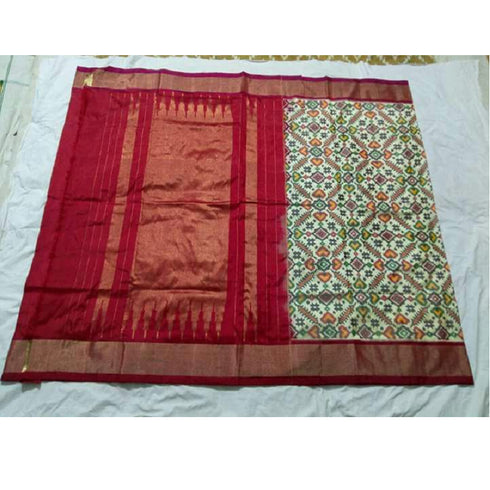 Pochampally Ikkat Silk Cream Color Saree With Red Color Border