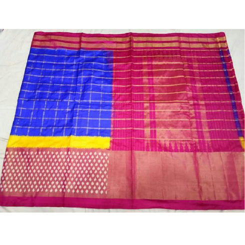 Pochampally Ikkat Silk Blue Color Saree With Pink Color Border