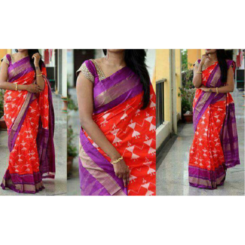 Pochampally Ikkat Silk Red Color Saree With Purple Color Border